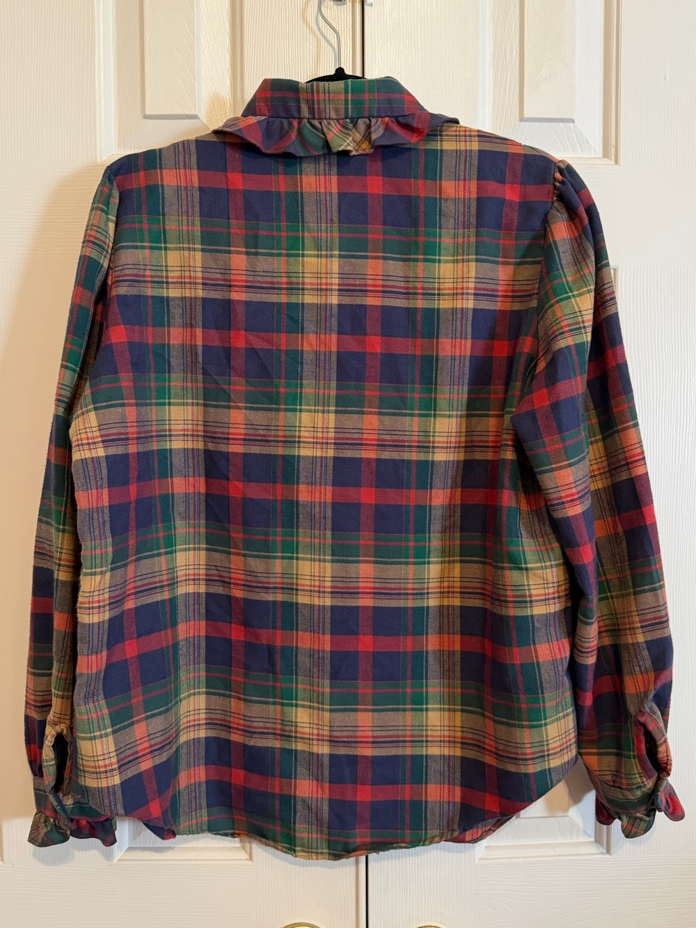 Vintage 70's Plaid Ruffle Collar Women's L Button Up Cotton Blouse - Picture 3 of 11